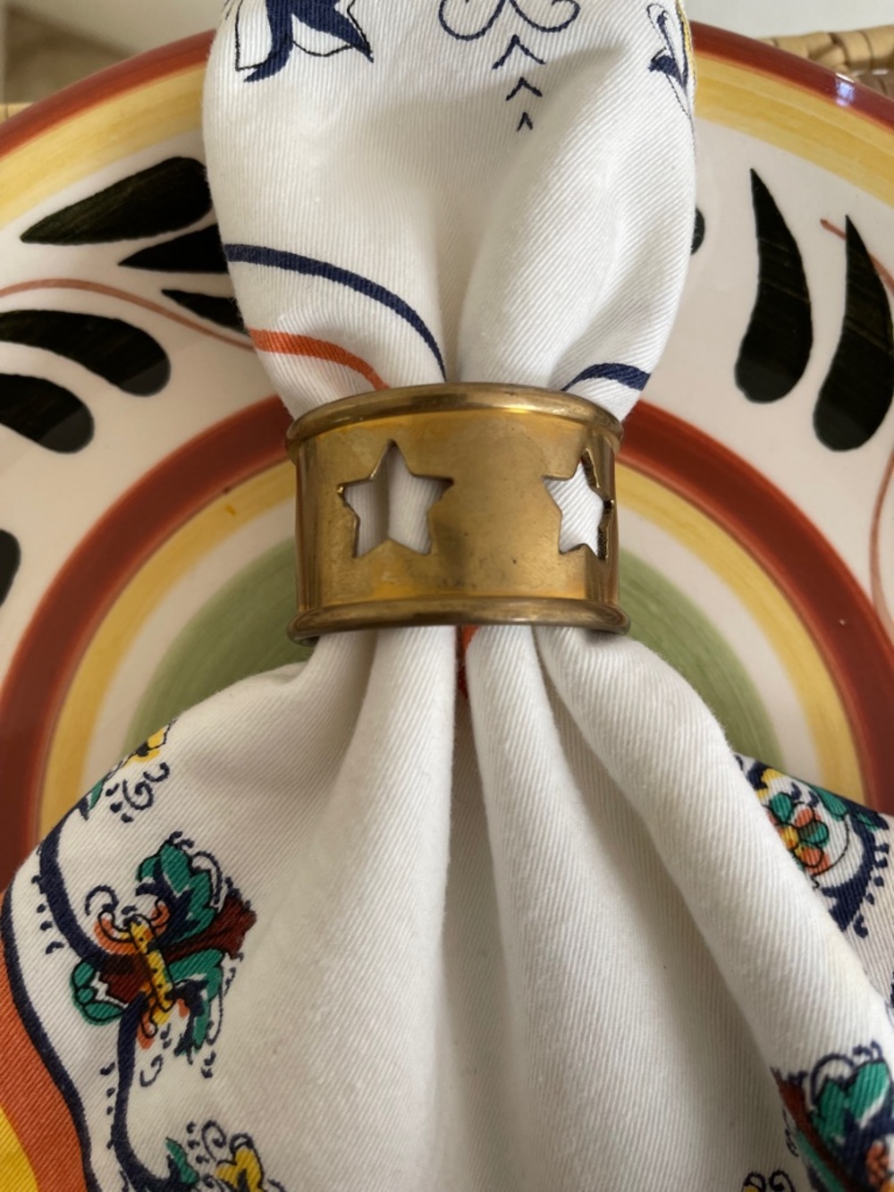 Six Vintage Brass Holiday Napkin Rings